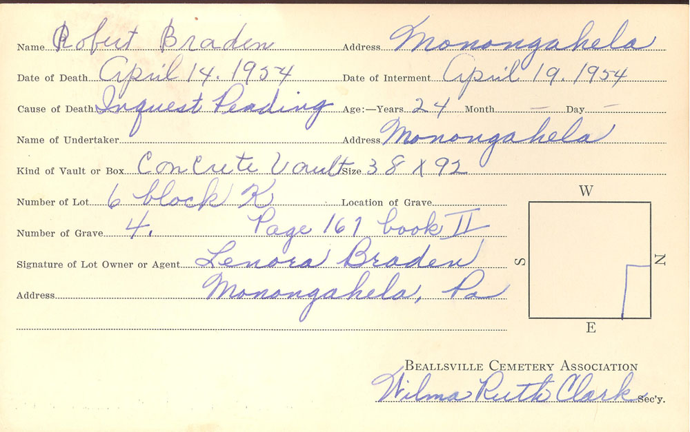Robert Braden burial card